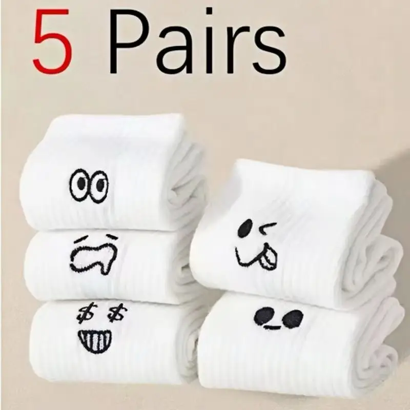 5/20 Paar weiße Cartoon-Socken für Herren, trendige, vielseitige Expression-Socken mit einfachen, weichen, atmungsaktiven, bequemen Freizeitsocken