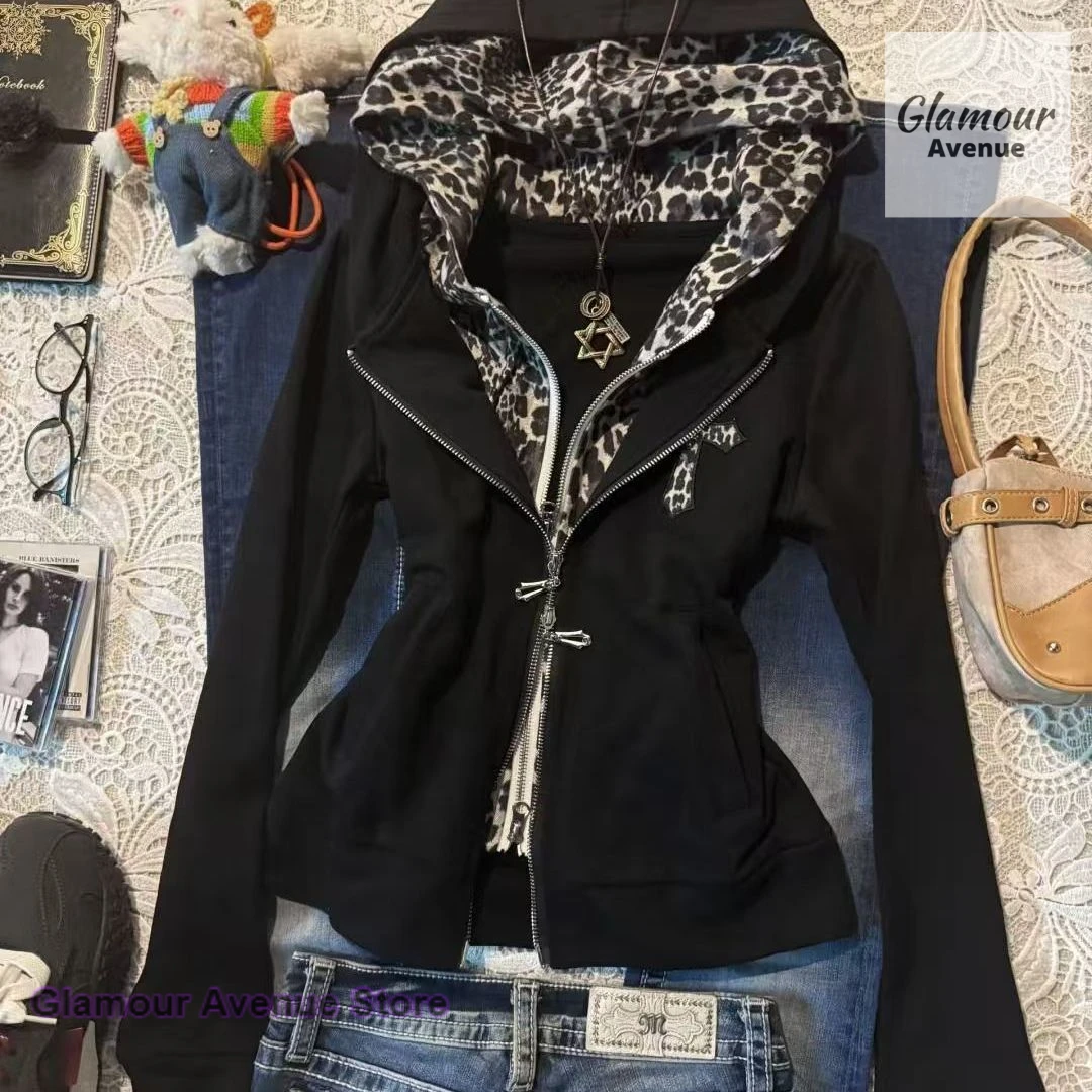

Куртка-худи в стиле Y2K с леопардовым принтом и эффектом двухслойности, осенне-зимняя, на молнии, новый дизайн