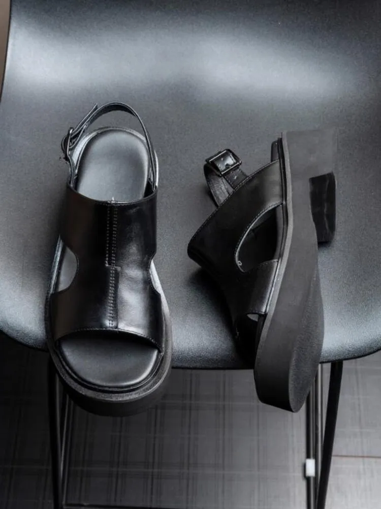 Summer Mens Thick Platform Cowhide Genuine Leather Sandals Buckle Strap Height Increasing Sandals Hollow Out Breathable Shoes
