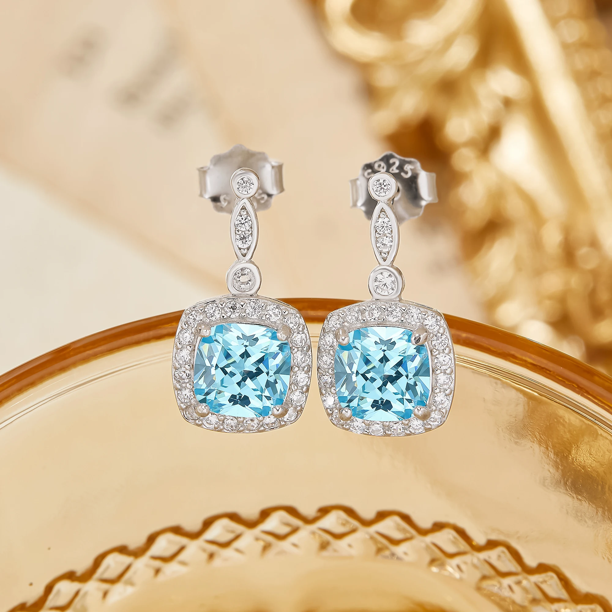 Simulated Aquamarine Sea Blue Cubic Zicronia Halo Studs Earrings March Birthstone Solid 925 Sterling Silver Earrings 6340011