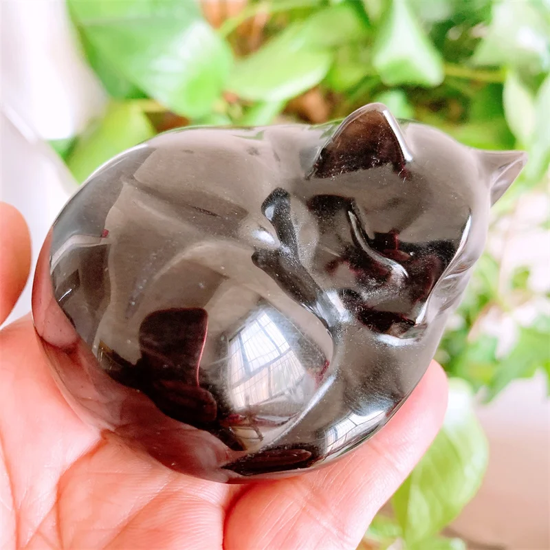 Natural Black Obsidian Hand Carved Sleeping Cat Quartz Crystal Skull Crystals And Stones Healing Home Decoration Gift