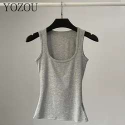 [YOZOU] White Black Gray Beige Cotton Slim Bodycon Solid Ribbed Basic Tank Tops Woman Girls Sleeveless Vest T-shirt Kpop Korean