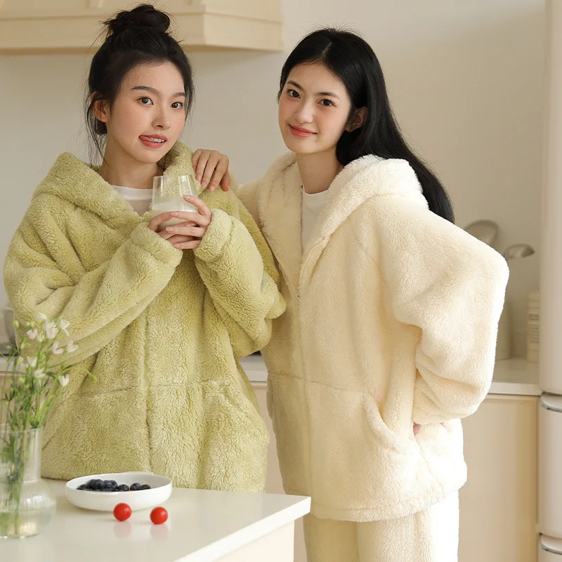 

Милые пижамы с капюшоном для девочек, домашняя одежда, одежда для сна из кораллового флиса, домашняя одежда, женская утолщенная фланелевая ночная рубашка на молнии на флисовой подкладке