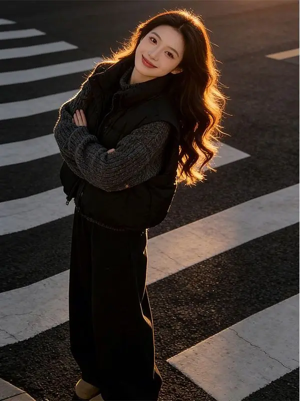 

Winter Casual Knitted Three-Piece Set Women's Cotton Vest Outerwear Layering Style High Waist Wide Leg Pants Slimming Effect