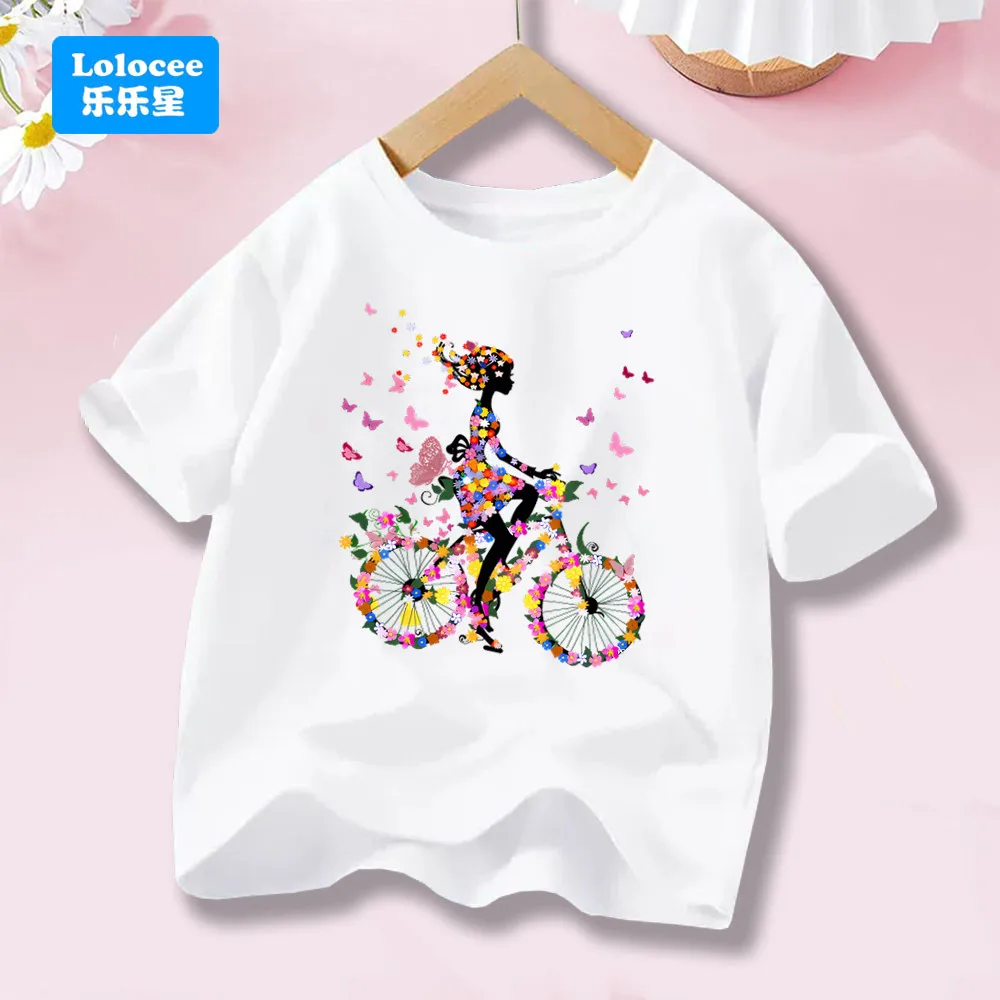 Floral Girl Riding Bicycle & Butterfly Printing Girls' Fashion Clothes Summer Short Sleeve Cotton T Shirts Kids Loose Top DCHD1
