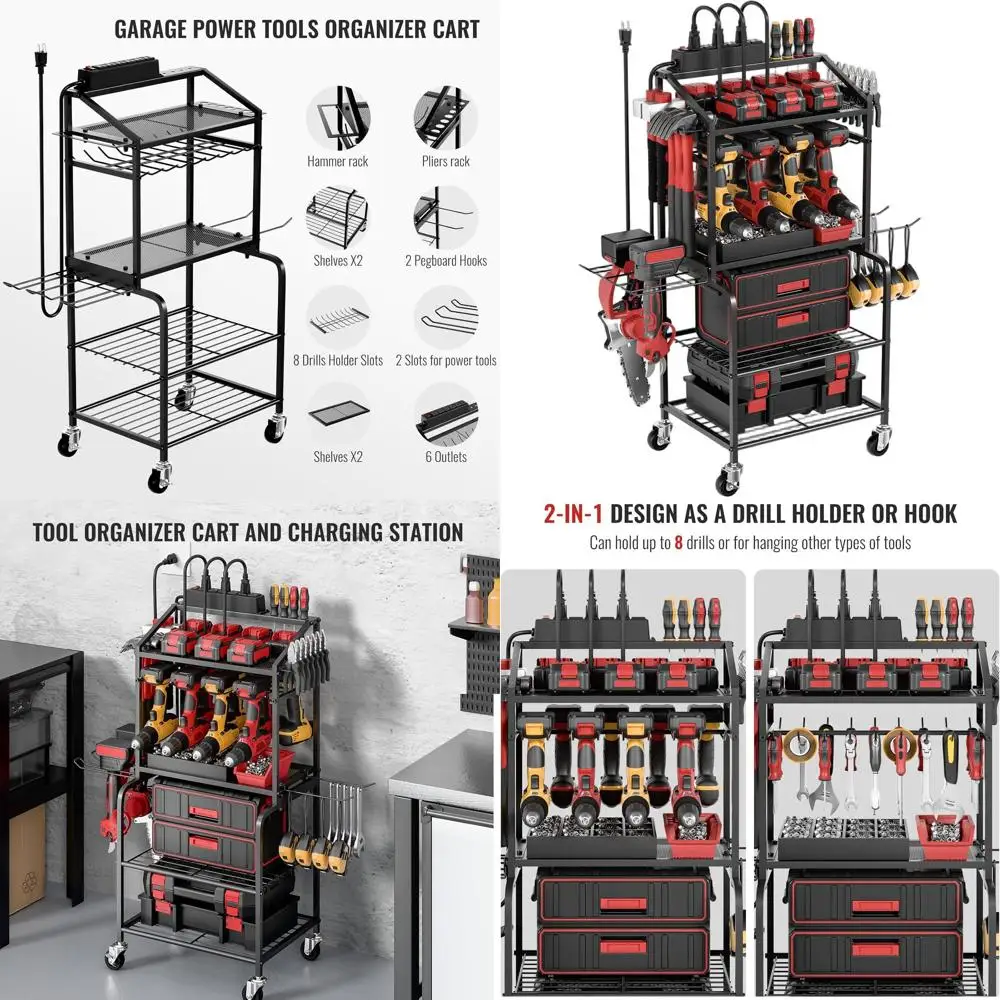 

Rolling Garage Tool Cart with Power Strip and Charging Station for Drills and Batteries