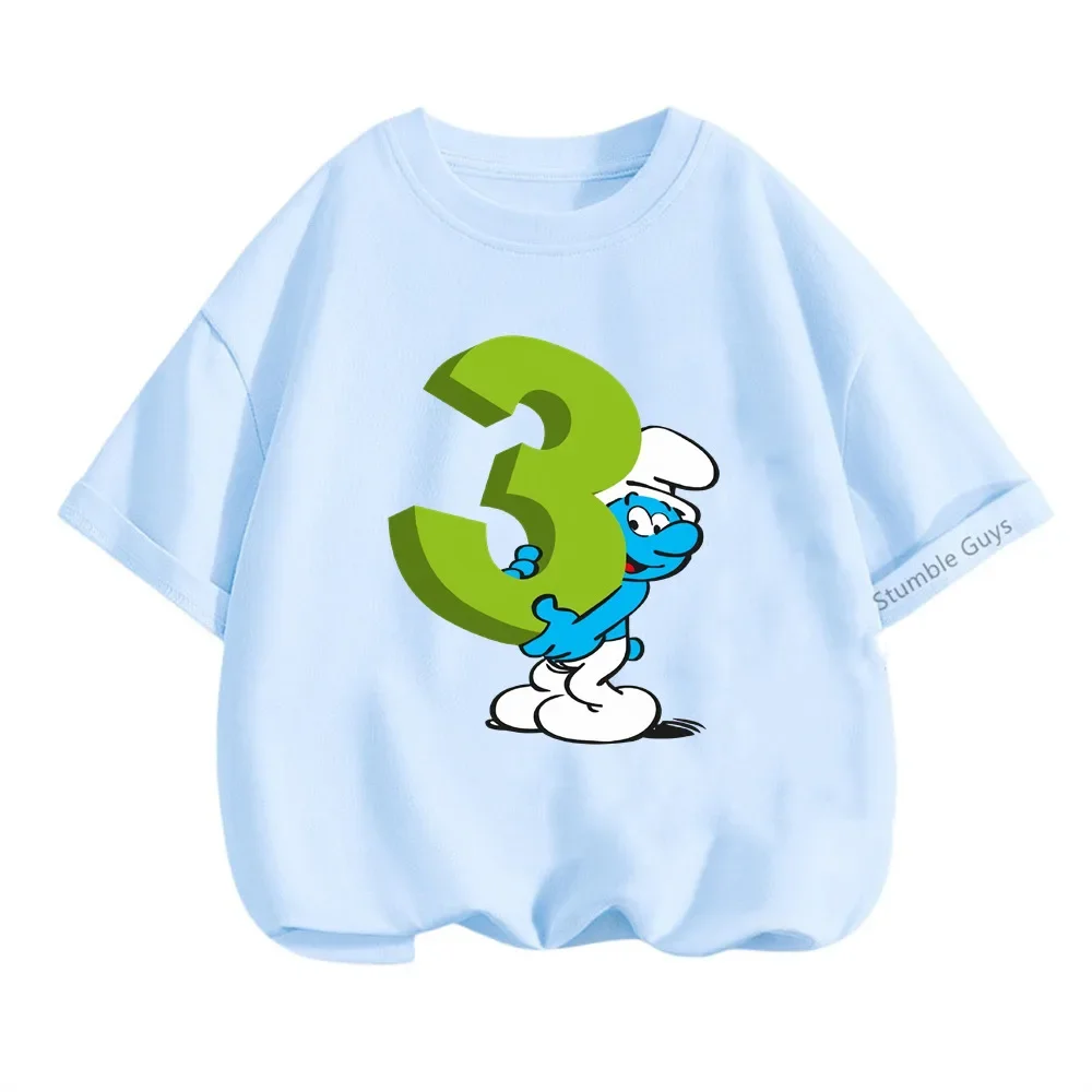 Maglietta Smurfs per bambini maglietta estiva per cartoni animati numero di compleanno 3-9 stampa t-shirt a maniche corte Set vestiti per ragazzo