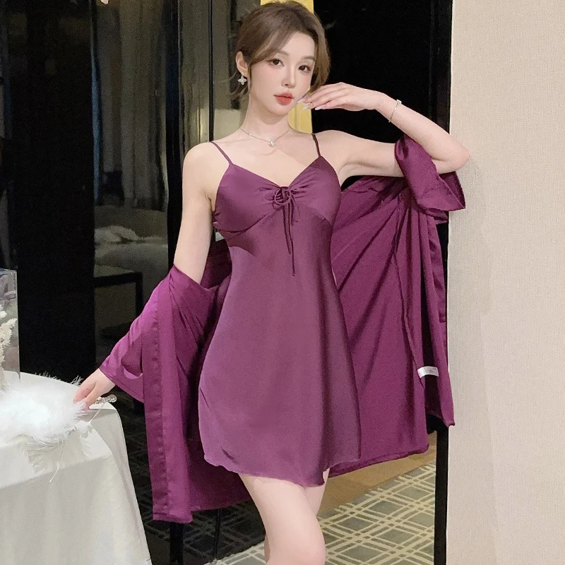 

DAIMELU lady sleepwear summer girl nightgown set Dark Purple Pajamas Women's Suspender Chest Pad Premium White Pajamas suit