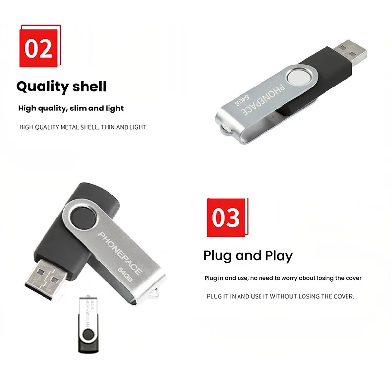 PHONEPACE Draaibare USB-flashdrive Snelle USB 2.0-interface Materiaal van aluminiumlegering Duurzaam Langdurig Brede compatibiliteit