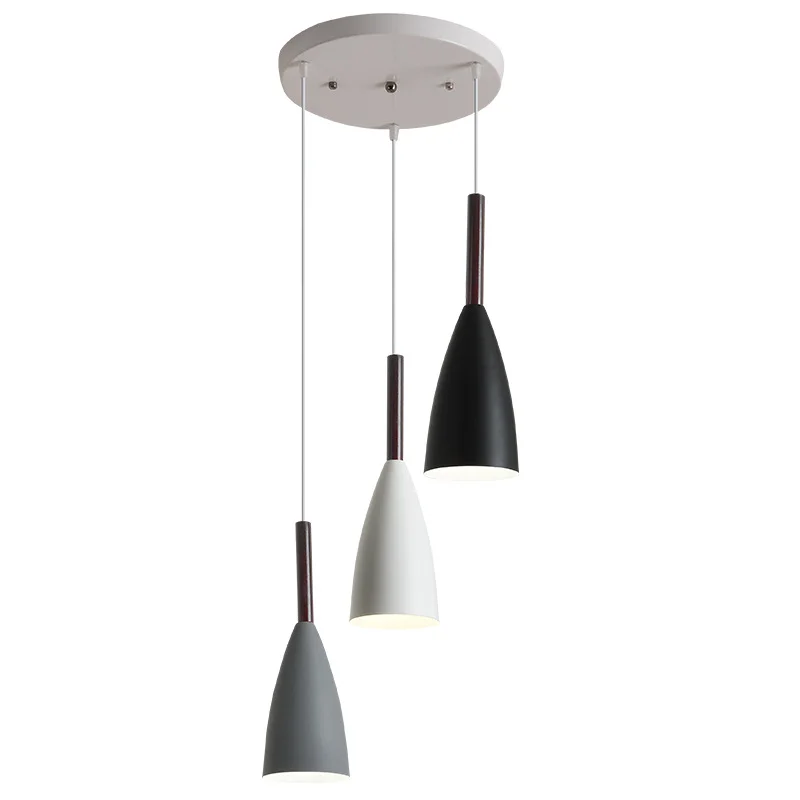 Three headed postmodern grey black and white iron wooden pole E27 home decoration lighting bar pendant lights indoor