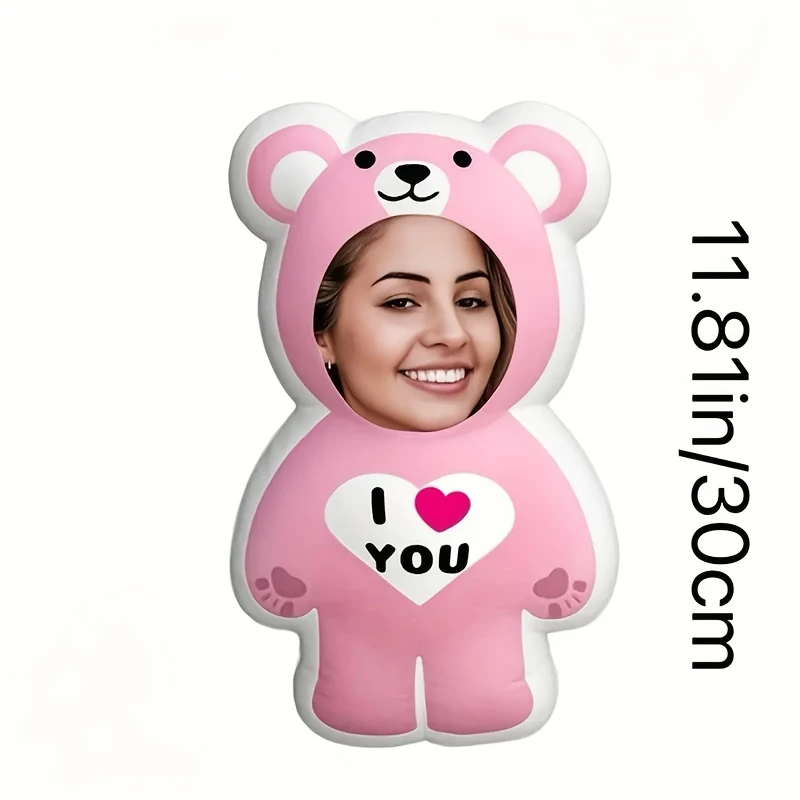 Cute Pink Bear Custom Photo Pillow Personalized Face Hollow Out Bear Shaped Plush Cushion I Love You Heart Pattern Customized So
