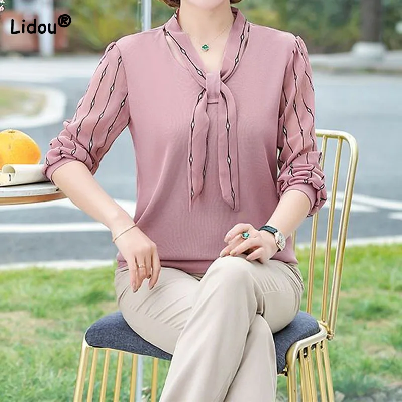 

Spring Summer Fashion Thin Long Sleeve Printing T-shirt Women's Clothing Casual Solid Color Scarf Collar Lace Up Pullovers Tops