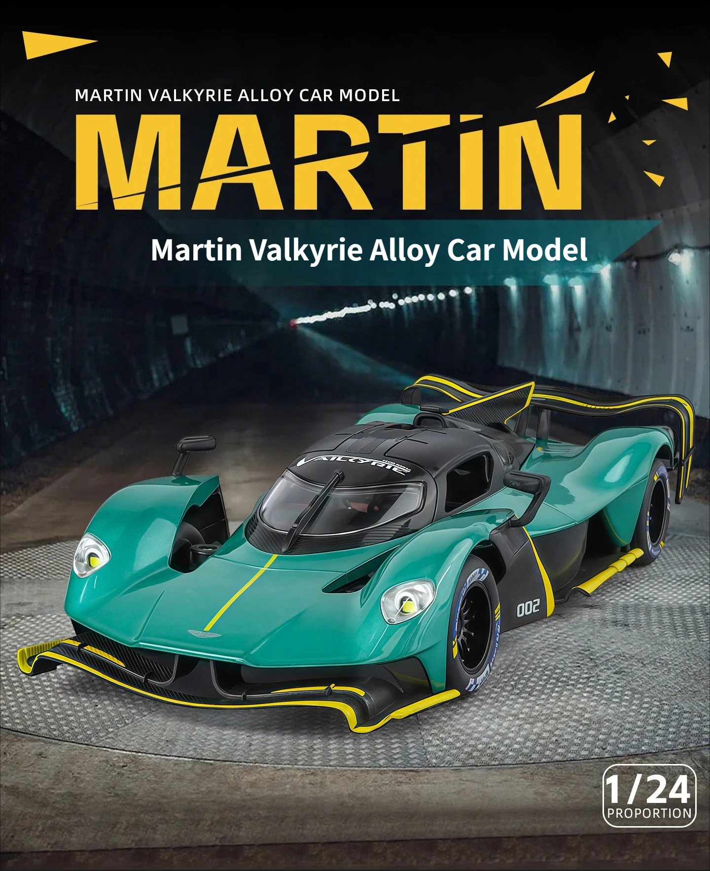 1:24 마틴 발키리 합금 모델카 – 4륜 충격 흡수, 소리 및 조명, 풀백 장난감