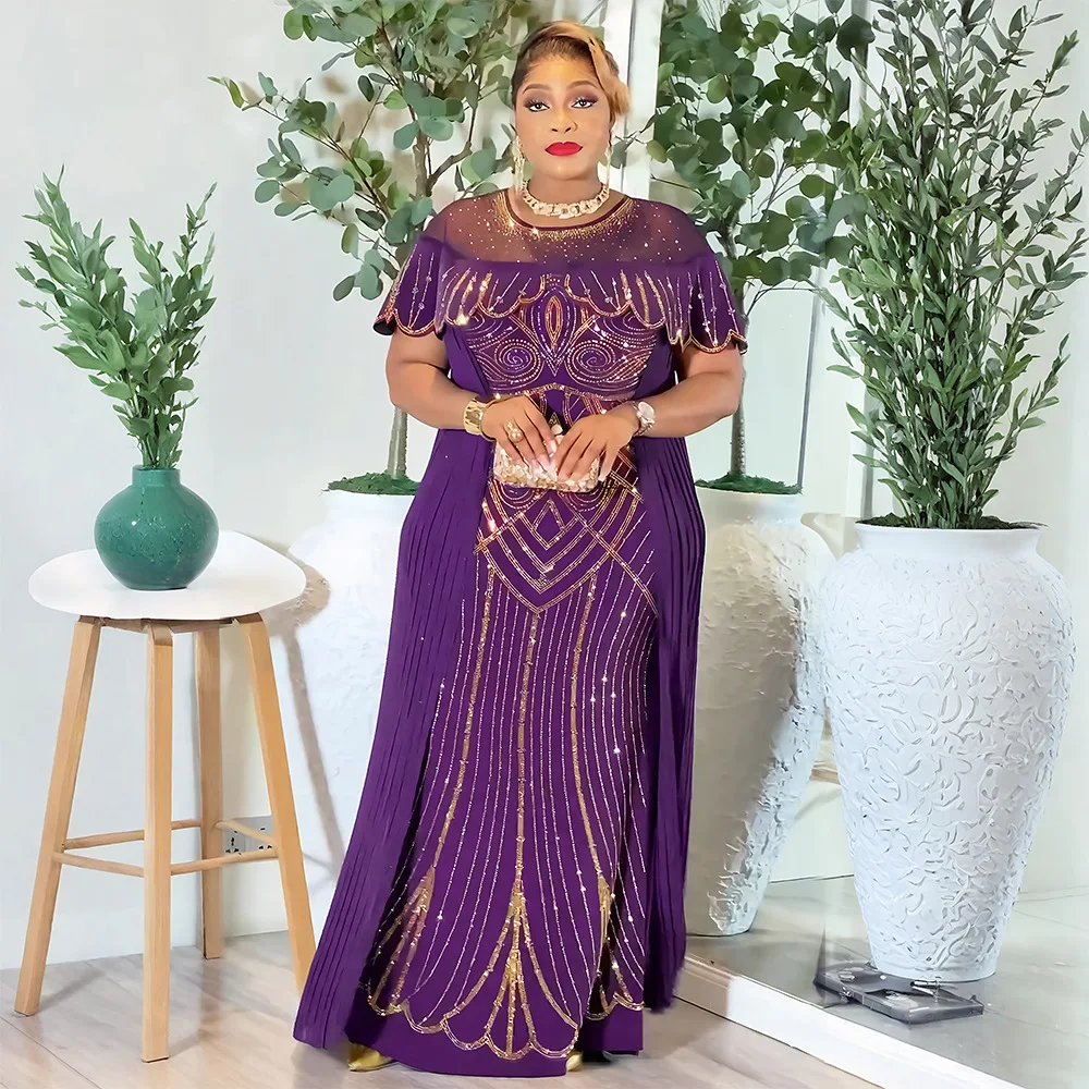

African Party Dresses for Women Plus Size Dashiki Diamond Pleated Long Dress Elegant Turkey Muslim Wedding Evening Gown