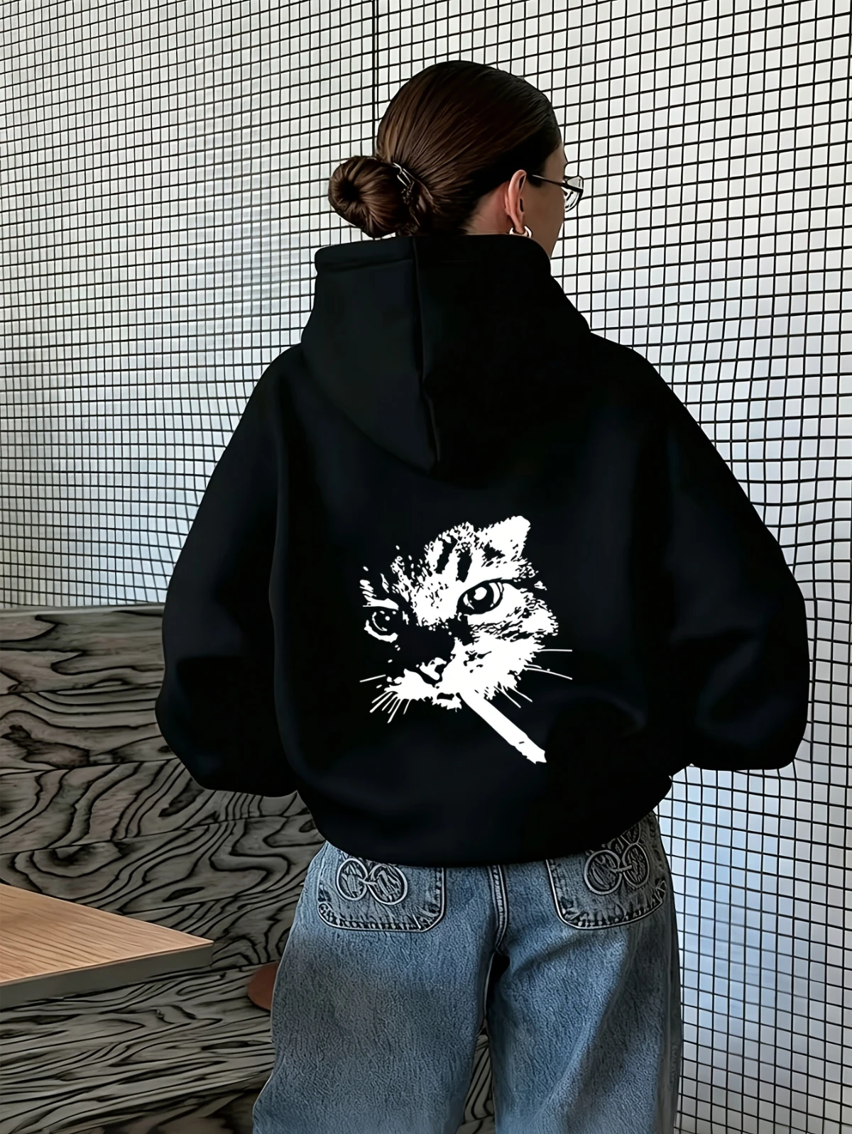 Street Personality Style, Vitality Hoodie, Smoking Cat Print Pattern Design, Versatile Casual Hooded Hoodie, Daily Street Life