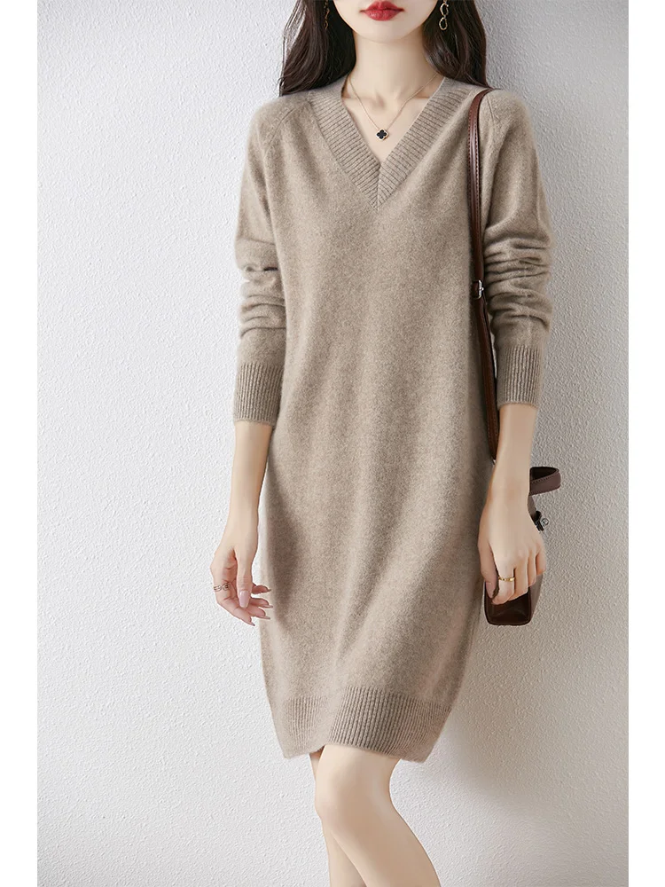 

Женское вязаное платье из чистой шерсти, свободная юбка средней длины с V-образным вырезом, повседневный Универсальный пуловер, свитер, новое осеннее платье с высокой талией, 100%
