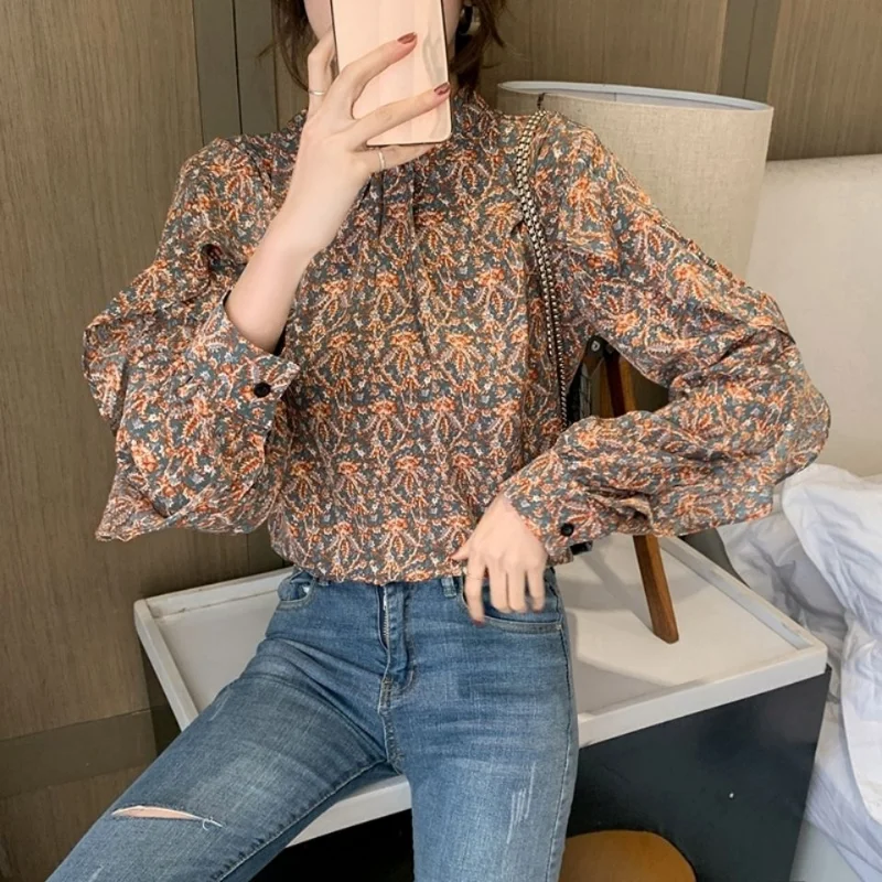 Women Spring Wear New Stand Collar Pullovers Chiffon Bottom Shirt Fashion Printed Loose Casual T-shirt Ruffled Long Sleeves Tops