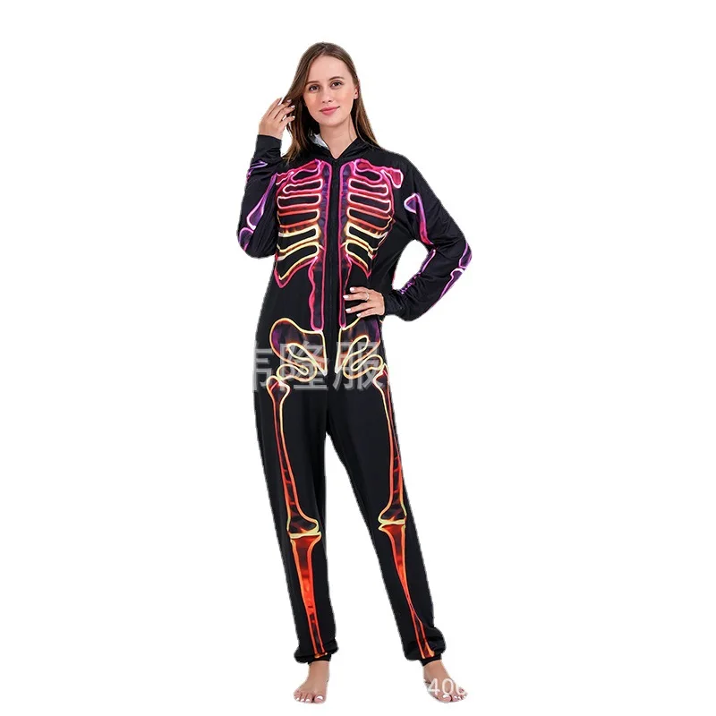 Women Men Hooded Pajamas Party Onesies Family Matching Outfit Halloween Girls Boys Black Skeleton Print Sleepwear Costume