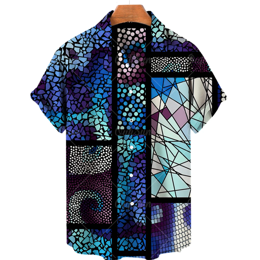 

2022 Summer Hawaiian Shirt Men's and Women's Color Block Abstract Shirt 3D-printed Single Button Multi-purpose Short-sleeved Bea