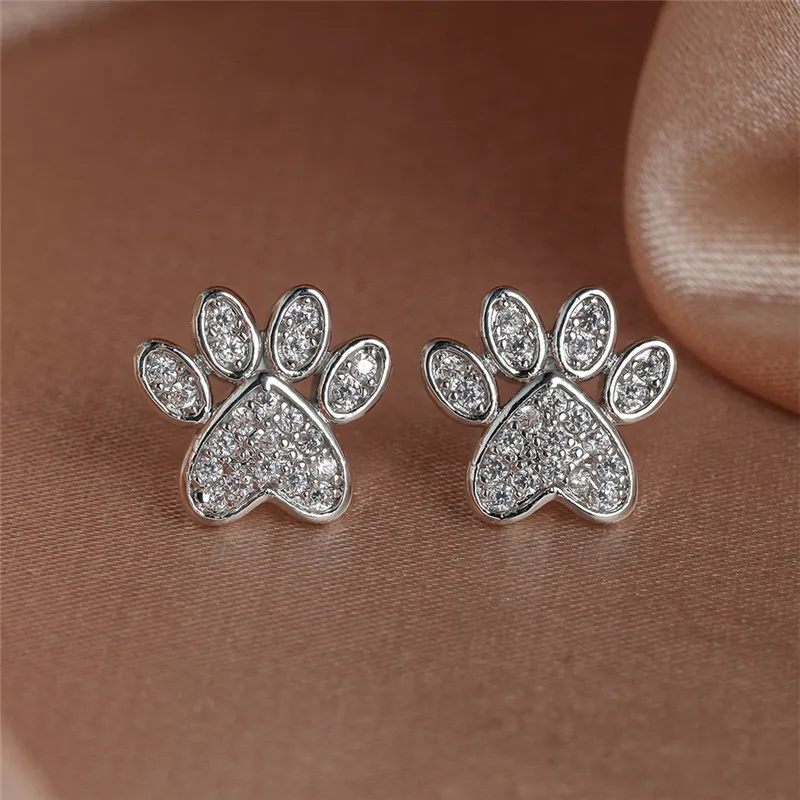 Cute Heart Cat Paw White Zircon Stud Earrings For Women Vintage Fashion Animal Footprint Crystal Stone Wedding Jewelry