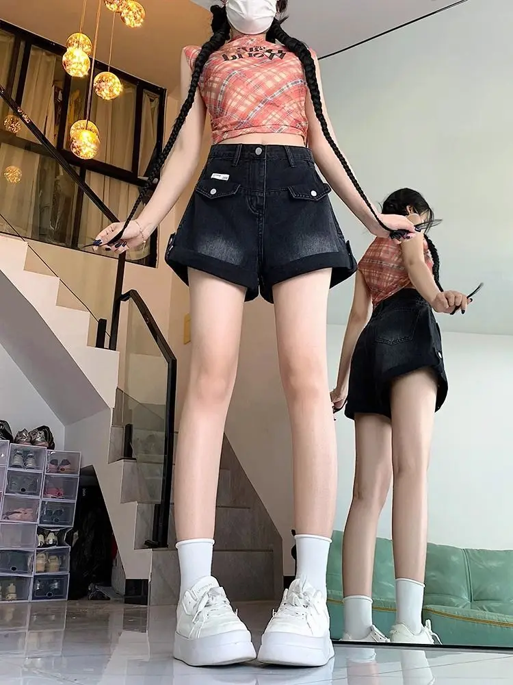 

plus Size Women's Black Denim Shorts High Waist Cuffed A-Line Wide Leg Hot Pants Summer Casual Style Loose Fit Deep Color
