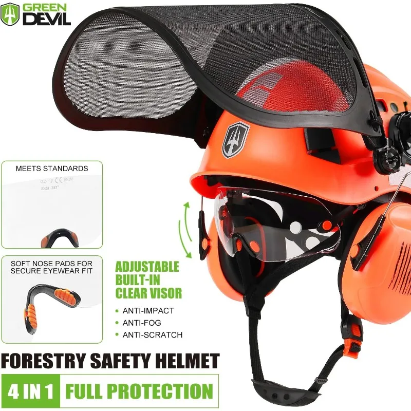 Ventilated arborist's helmet with mesh visor with built-in visor and ear cups 5-in-1 system