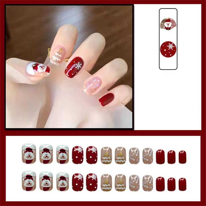 Santa Claus Wears Nail Enhancements Short Christmas Nail Enhancements Women False Nail Products Removable 24 Nail Tips