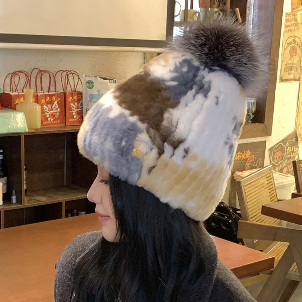 النساء الشتاء ريكس الأرنب الفراء قبعة الرقبة أدفأ موضة الدافئة الإناث ريال فوكس الفراء Pompom الكرة قبعات ريكس الأرنب الفراء الرقبة أدفأ مجموعة #2