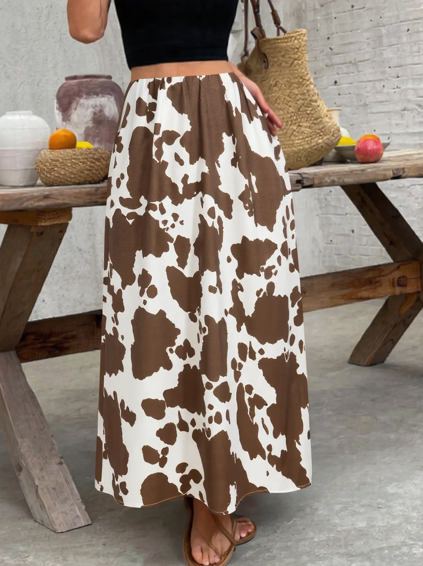 Ladies High-Waist A-Line Skirt with Cow Print Versatile for Daily Commute Vacation Suitable Half-Length Skirt