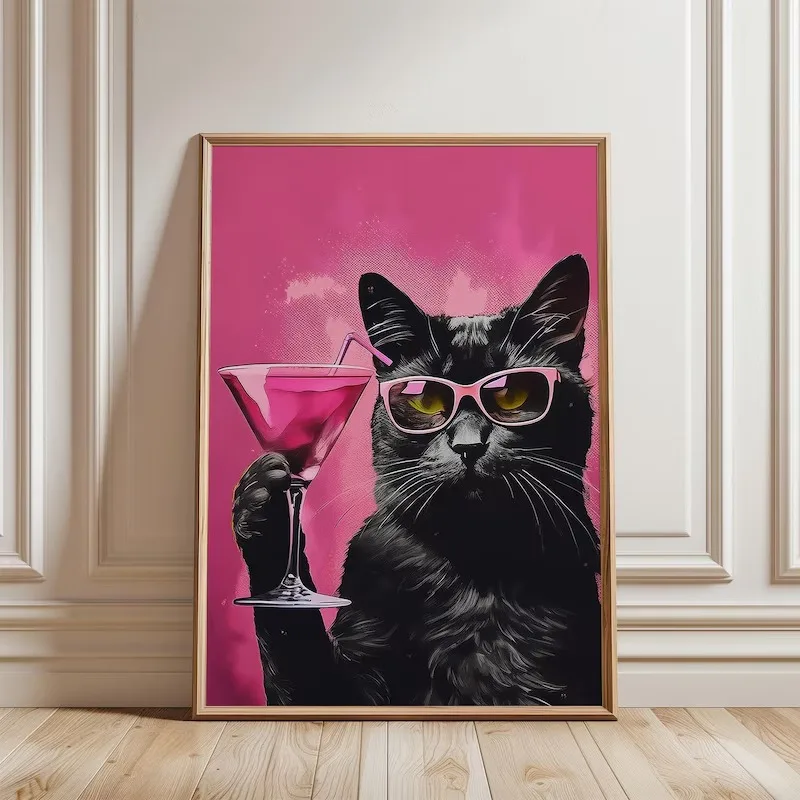 Girly Pink Funny Pet Wall Print Bundle Retro Cute Pastel Pink Animal Art Decor Poster for Teen Girls Apartment Housewarming Gift