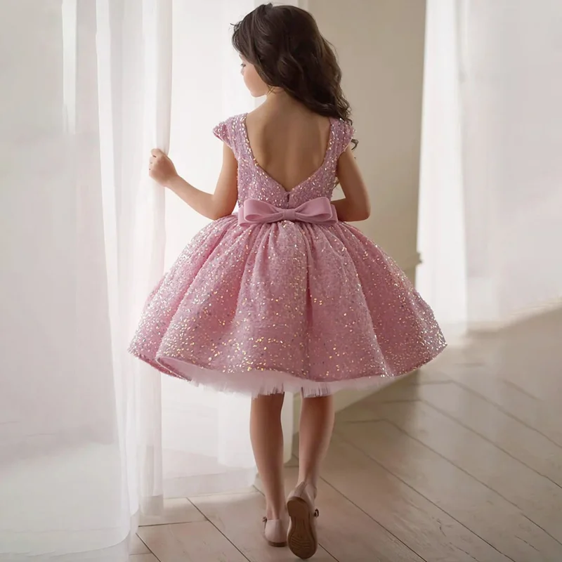 Pink Flower Girl Dresses Puffy Sequin Sparkling With Bow Short Sleeve For Wedding Birthday Party Banquet Princess Gowns