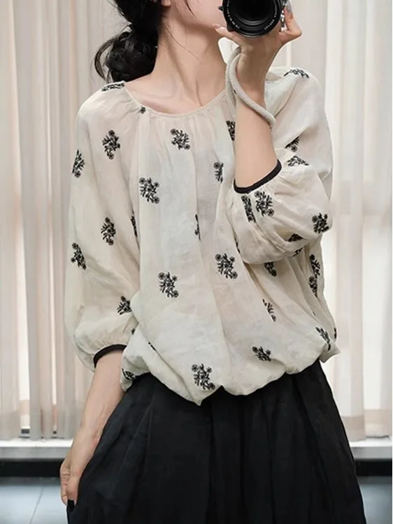 

Ретро китайский художественный круглый Ne вышитый тяжелый рабочий свободный льняной топ, летнее новое поступление, универсальная удобная блузка