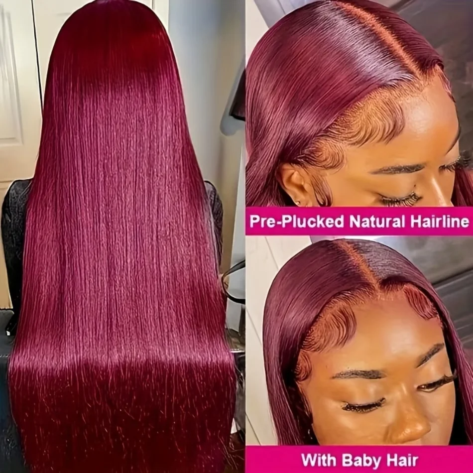99j Burgundy Straight Wig Human Hair 13x6 Hd Transparent Pre-Cut Lace Frontal Wigs Reddish Brown Wear Go Human Hair Beginner Friendly Pre Cut Lace Brazilian Hair