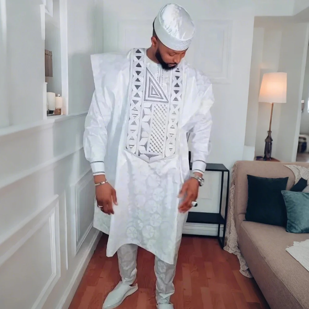 

H&D African Clothes for Men Traditional Rich Bazin Original Embroidery White Clothing Men 3 PCS Set Wedding Party Occasion 2024