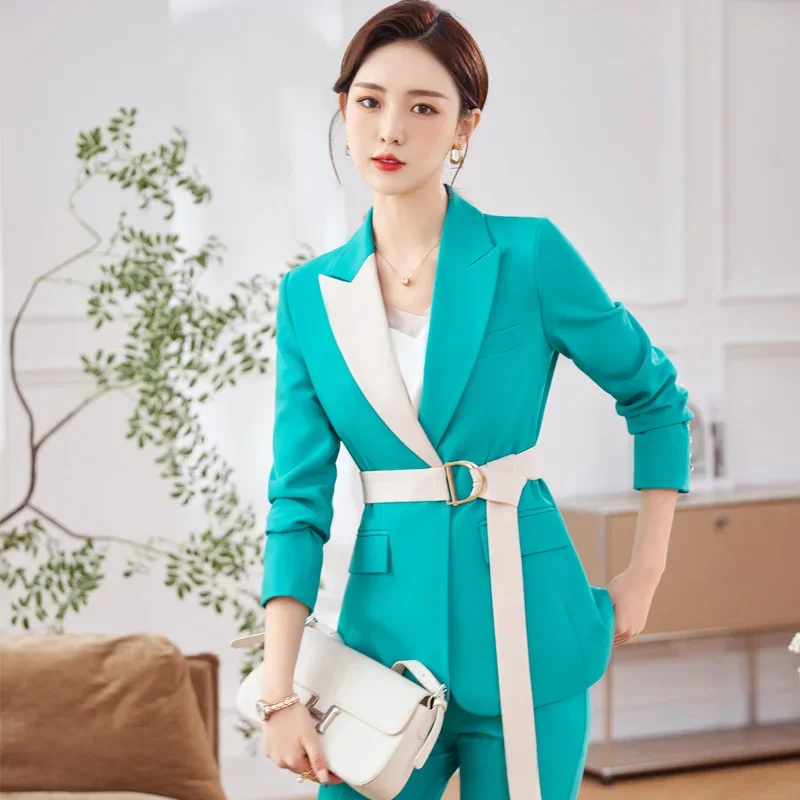 

Insozkdg Spring Vintage Casual Contrast Strap Blazer Wide Pant Set Commuting Solid Color Tight-waist Blazer Long Pants Two-Piece