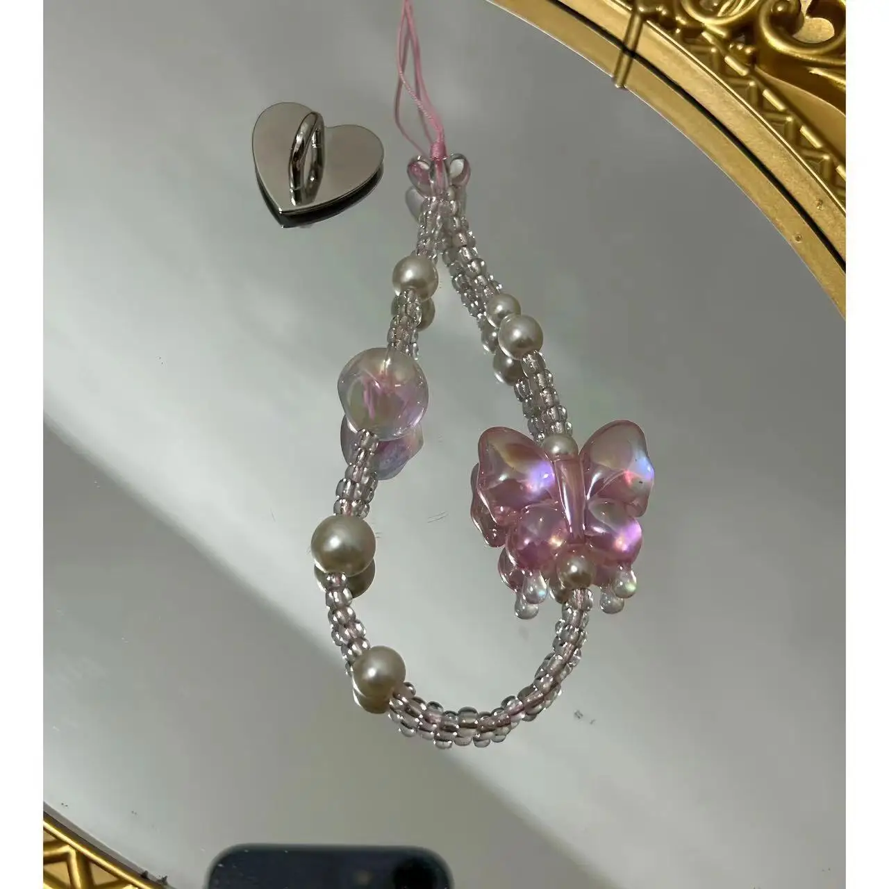 Original Pink Butterfly Beaded Mobile Phone Chain Girl Mobile Phone Case Chain Camera Pendant.