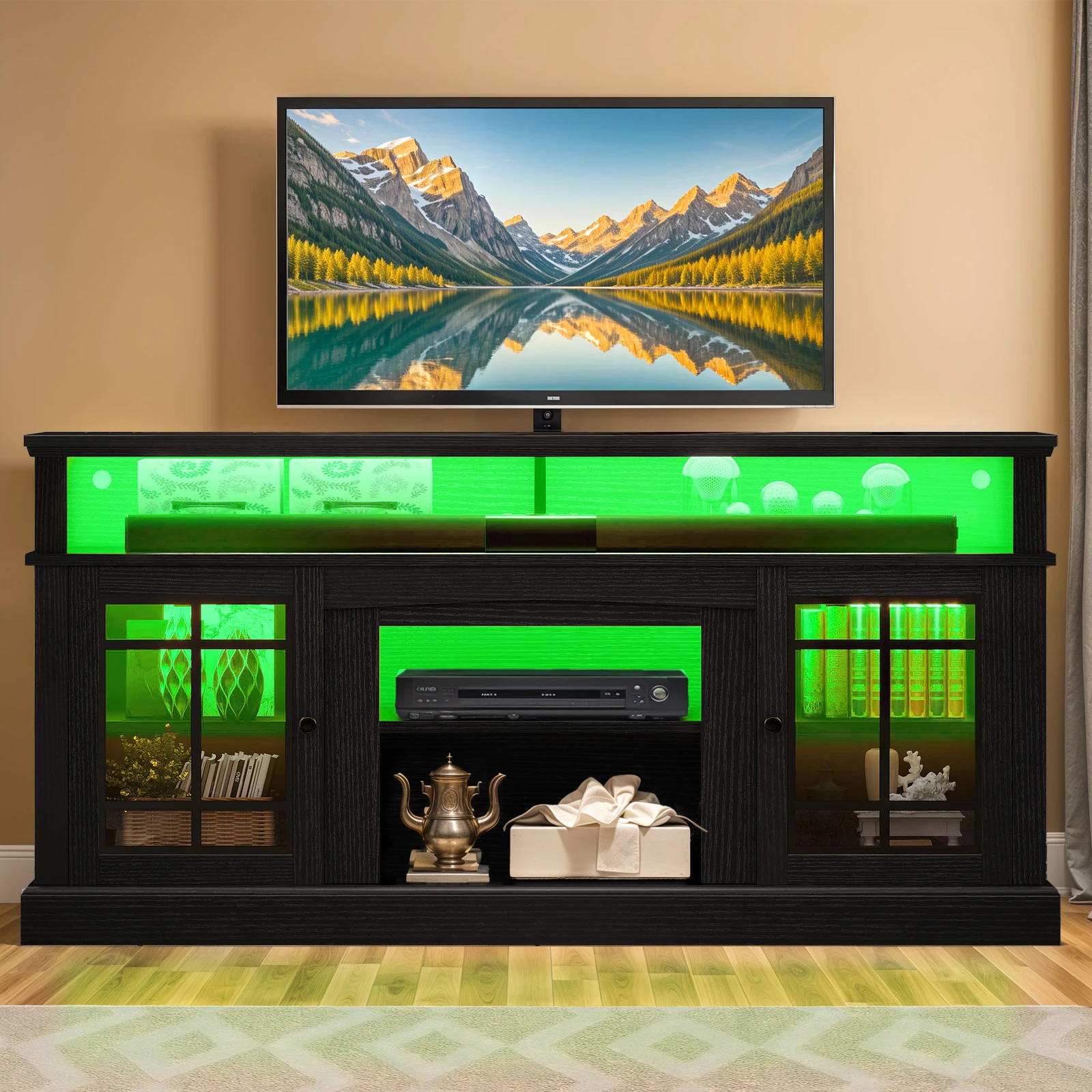 

TV Stand for 70 In TVs Console with Power Outlets Soundbar Shelf Glass Doors