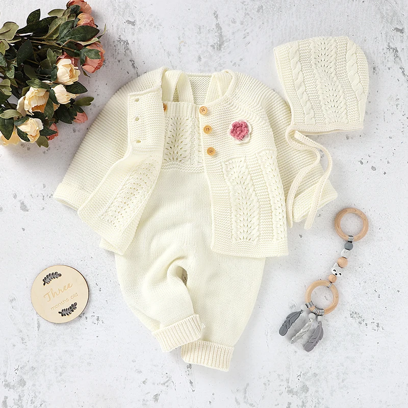 Baby Romper Set Knit Autumn Newborn Girl Boy Long Sleeve Coat Jumpsuit Outfit Hat 3PC Fashion Solid Infant Clothing Suit Sweater