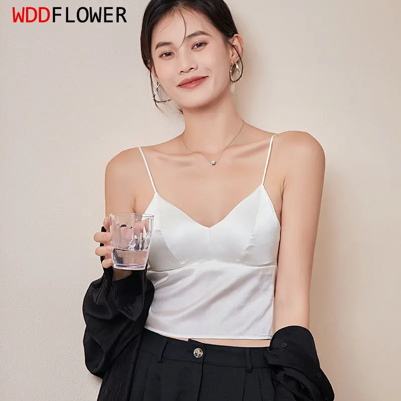 Damska jedwabna koszulka 93% jedwab 7% Spandex seksowna koszulka usztywniany biustonosz zakrętka tubki z biustonoszem czarna biała M L XL TG210