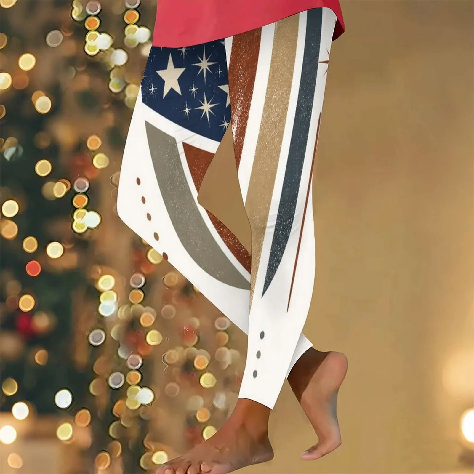 Women High Waist Full Length Fitted Printed Leggings, Red White Blue Distressed Star and Stripe Print