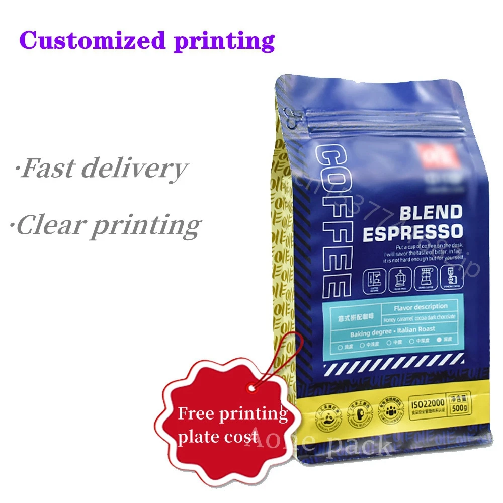 Customized Printing LOW MOQ Flat Bottom Eight-side Sealing Seed Coffee Snacks Potato Chip Dried Fruit Food Packaging Bag