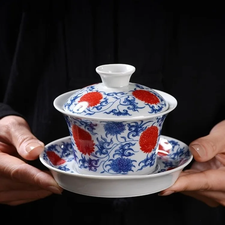 Blue and White Glazed Red Interlock Branch Gaiwan Jingdezhen Non-Scald Tea Making Household Porcelain Kung Fu Set