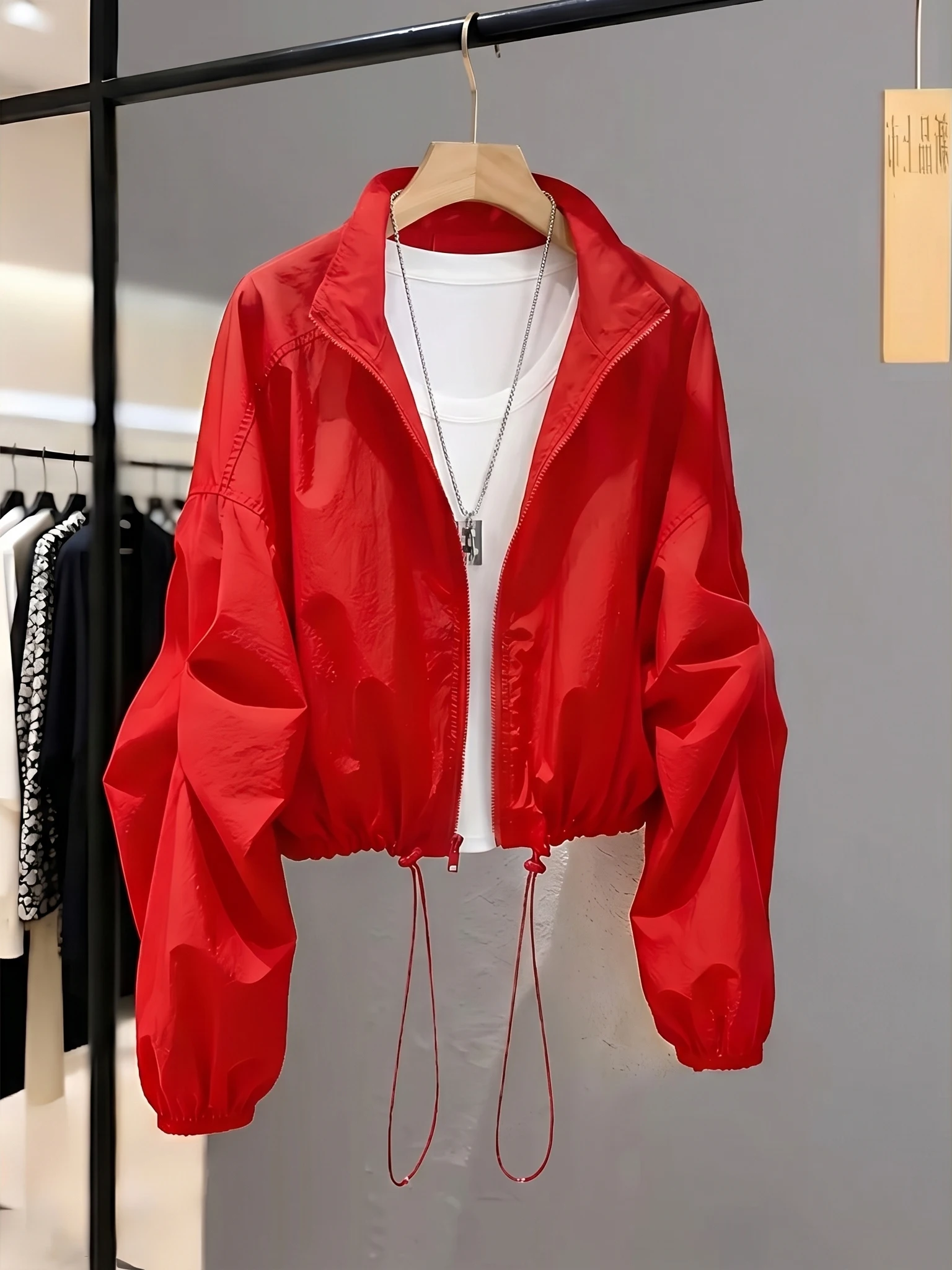 

Slimming Short Drawstring Jacket Women's Loose Fit Stand Collar Casual Sun Protection Thin Outerwear Commute High Waist