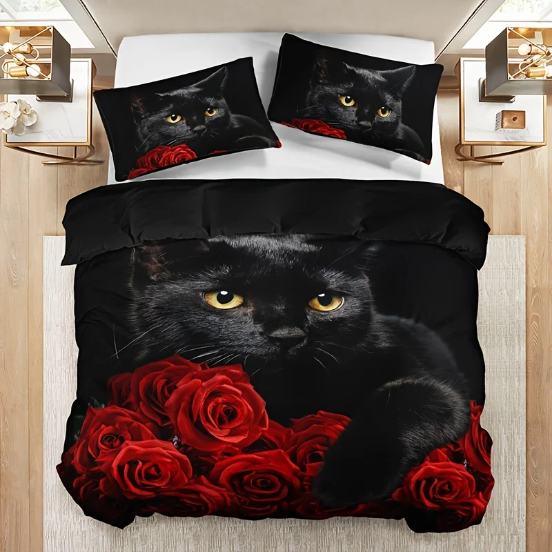 

Black Cat Rose Print Duvet Cover and 2 Pillowcases Breathable Polyester Bedding Set Perfect for All Seasons