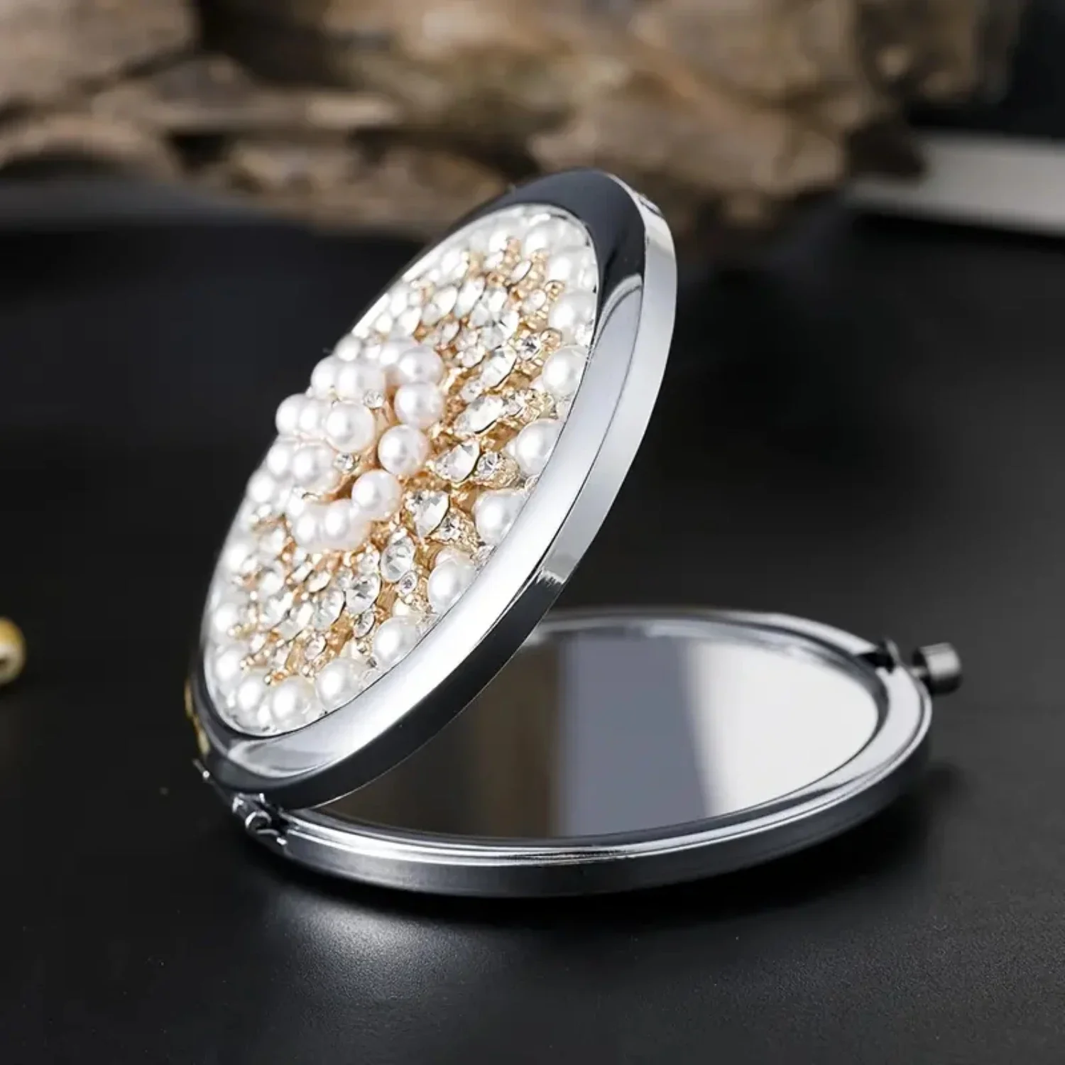 Mini Beauty Makeup Mirror, Vergrößerungsspiegel, Perlen-Schneeblumen-Design, elegantes Hochzeitsgeschenk