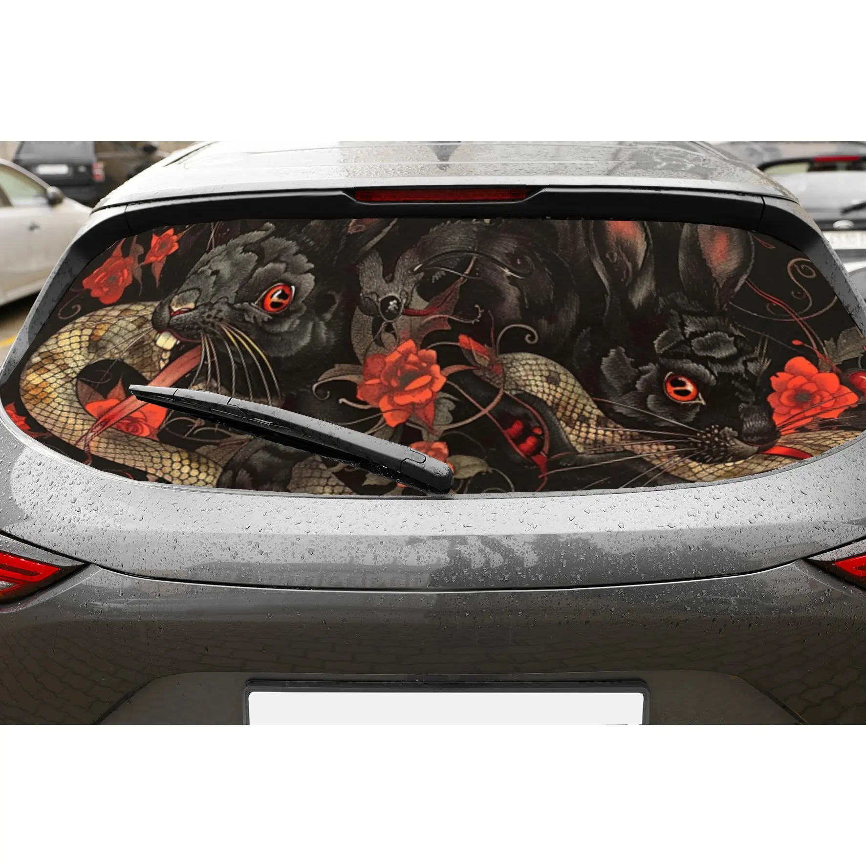 

Black rabbit snake with red flowers PVC Perforated Car Vinyl Wraps, Privacy Enhancing Design for Rear Window, Car Rear Windshiel