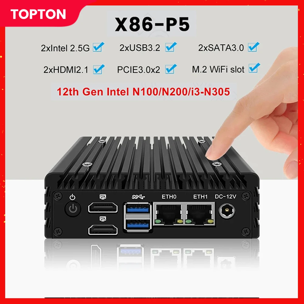 

Topton Fanless Mini PC X86 12th Gen Mini Router Intel i3-N305 N100 DDR5 Firewall PC 2x i226-V 2.5G LAN 2x HDMI2.1 Proxmox Server