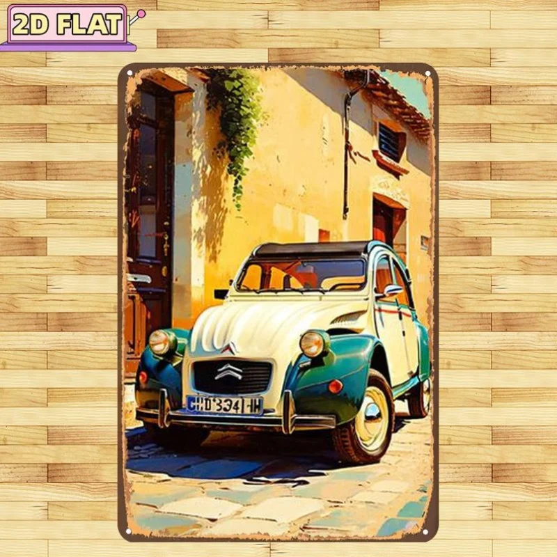 2D Flat, 2D Flat Decorative Sign, 1pc Pack, Vintage 2CV Car Parked in a Charming European Alley, Metal Iron Sign, Size 8x12/20cm
