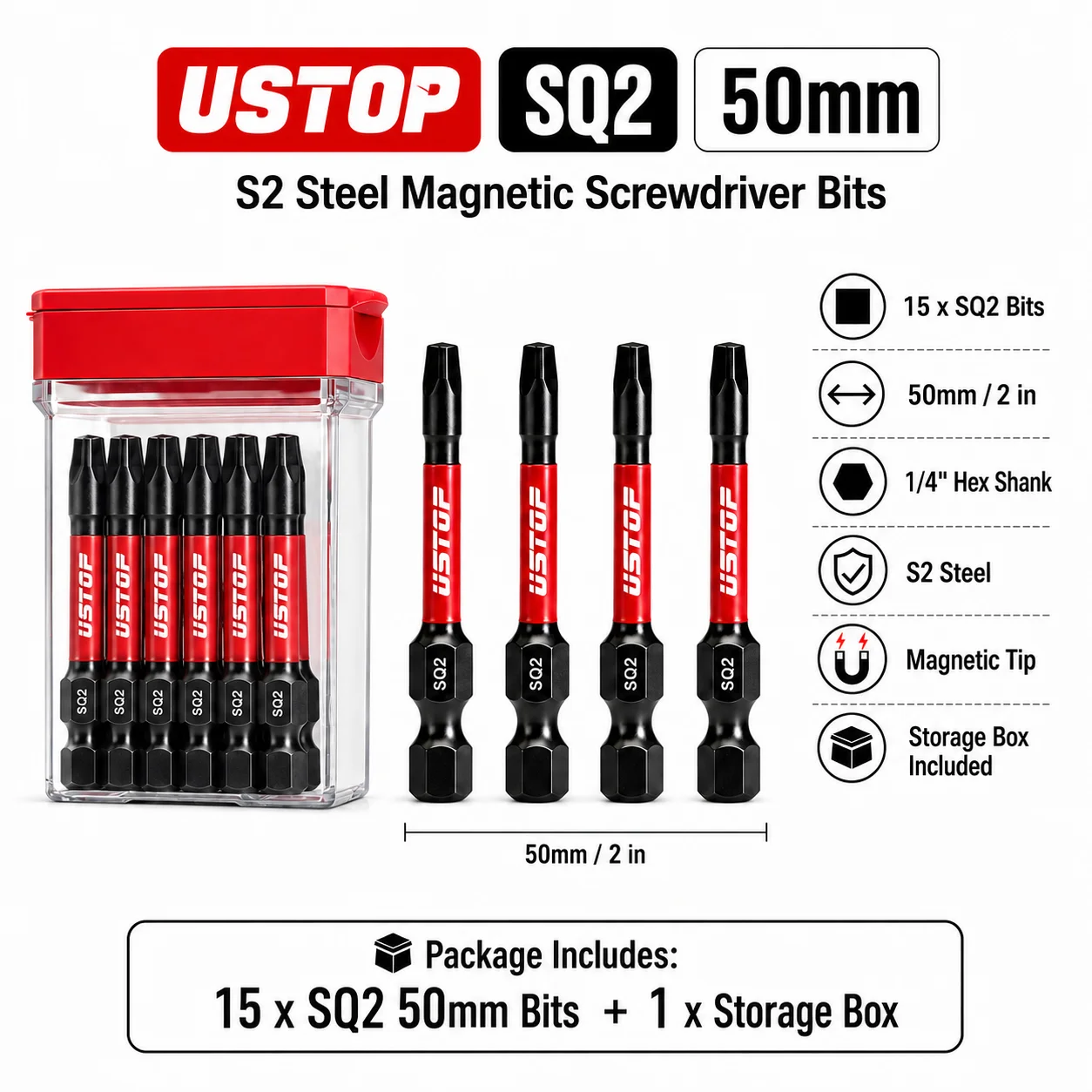 15-teiliges SQ2 Magnetisches Schraubendreher-Bit-Set 50mm S2 Stahl 1/4 Zoll Sechskant-Schraubendreher-Bits mit Aufbewahrungsbox für Holzbearbeitung und Haushaltsreparaturen – Detail 1
