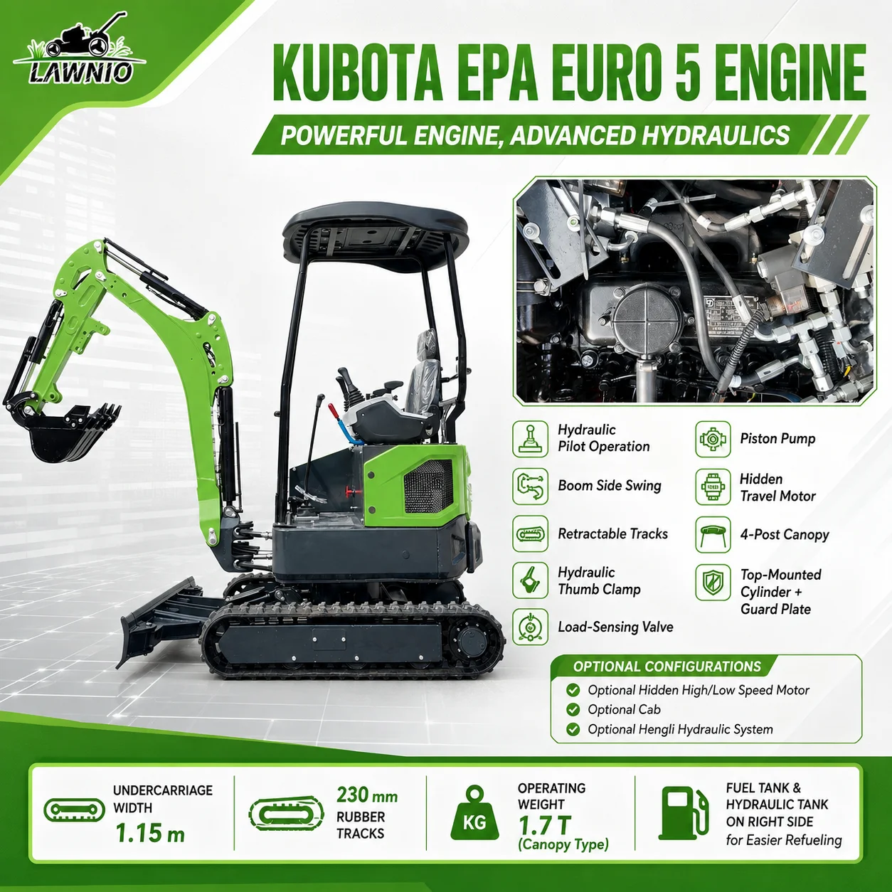 EPA Garden Mini Excavator  20X Canopy Kubota D902 Rubber Track Pilot Control Yard Landscaping Jobs Mini Excavator